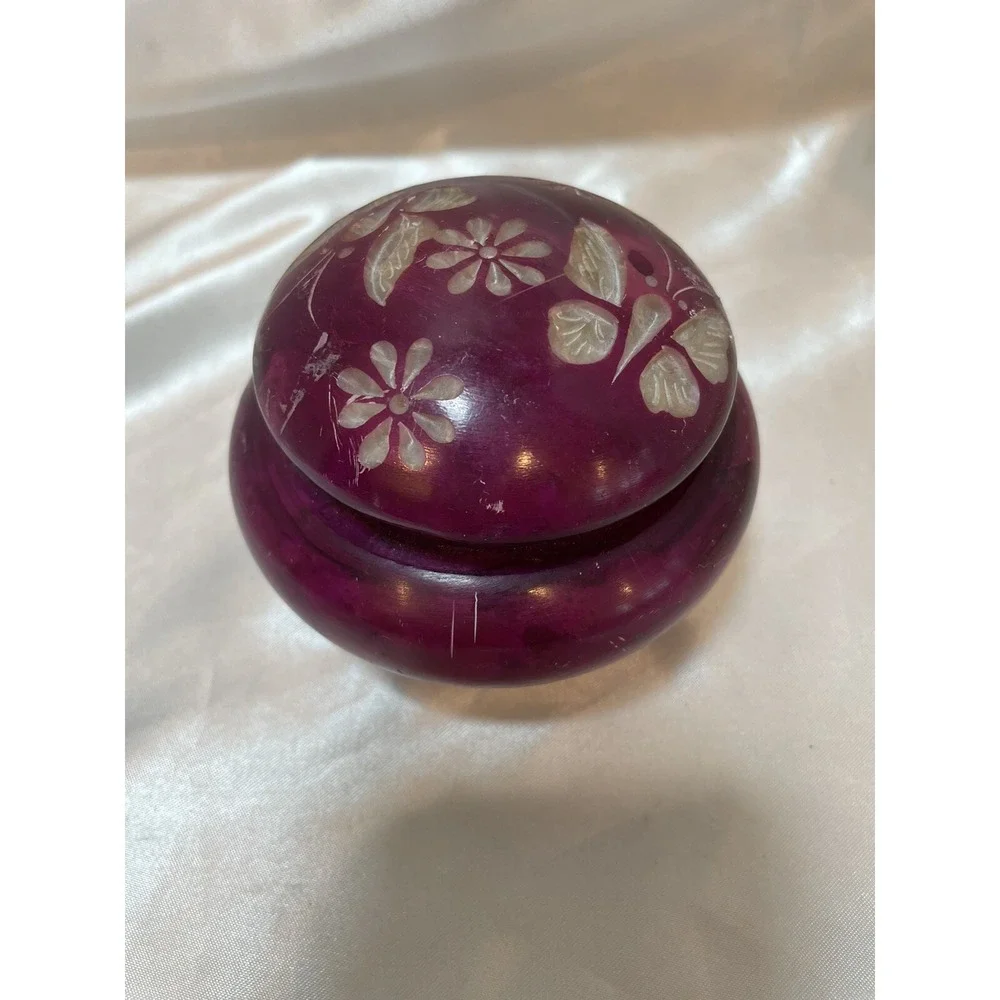 Hand Carved Purple Plum Trinket Box w/Flowers & Butterflies Soap Stone W/ Lid